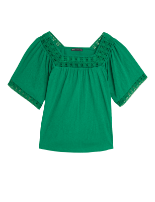 

M&S Collection Top 100% algodón con cuello cuadrado y bordadoWomens - Green, Green