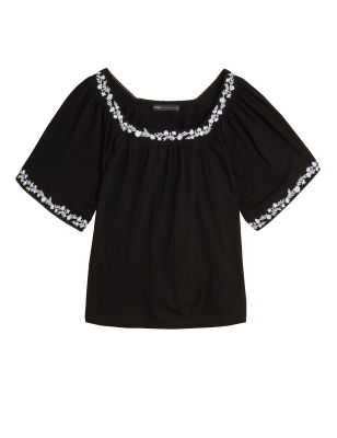 

M&S Collection Top 100% algodón con cuello cuadrado y bordadoWomens - Black, Black
