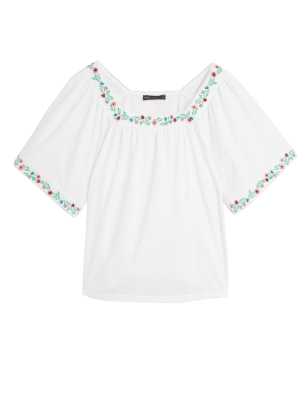 

Womens M&S Collection Besticktes Oberteil aus reiner Baumwolle mit eckigem Ausschnitt - White, White