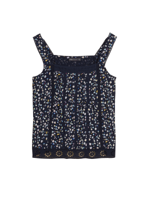 

Womens M&S Collection Pure Cotton Floral Square Neck Cami Top - Navy Mix, Navy Mix