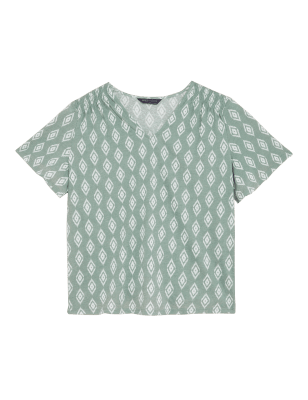 

Womens M&S Collection Linen Rich Printed V-Neck T-Shirt - Khaki Mix, Khaki Mix