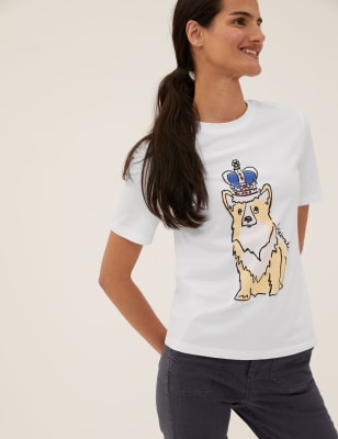 

M&S Collection Camiseta 100% algodón de corgi de JubileoWomens - White Mix, White Mix