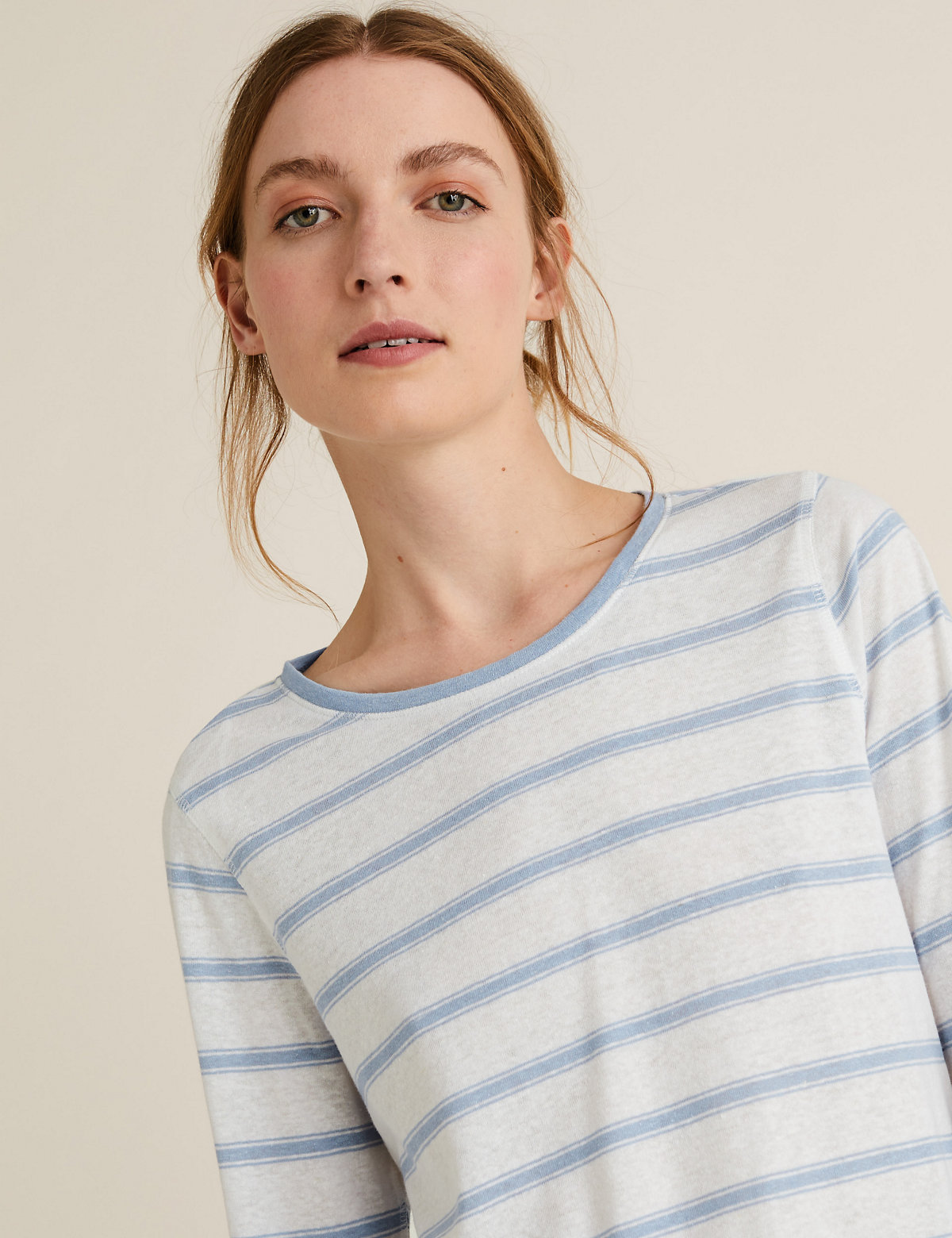 Linen Striped Straight Fit Long Sleeve Top