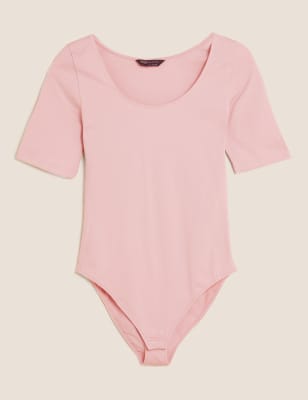 

Womens M&S Collection Cotton Rich Fitted Half Sleeve Bodysuit - Pink, Pink