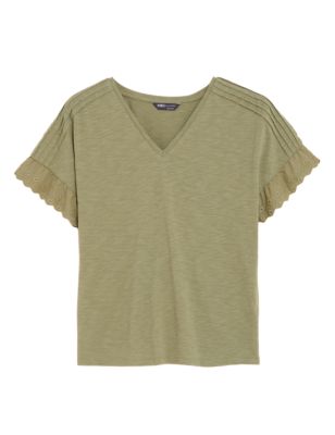 Womens M&S Collection Pure Cotton Embroidered T-Shirt - Khaki