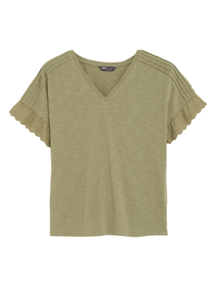 Womens M&S Collection Pure Cotton Embroidered T-Shirt - Khaki