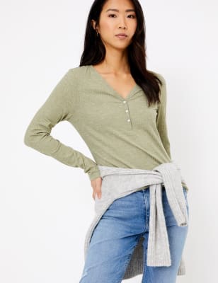 Ribbed Henley Long Sleeve Top