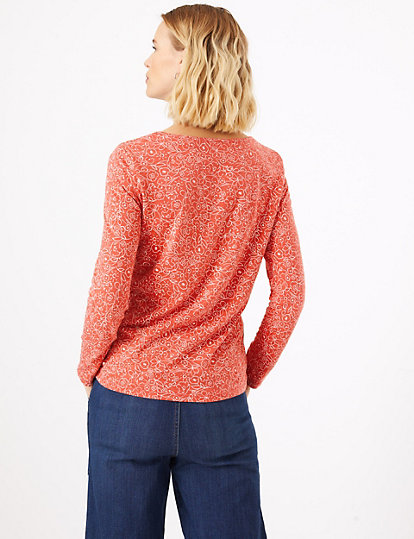 Pure Cotton Floral Henley Long Sleeve Top