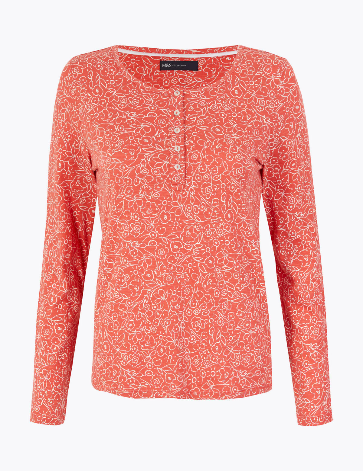 Pure Cotton Floral Henley Long Sleeve Top