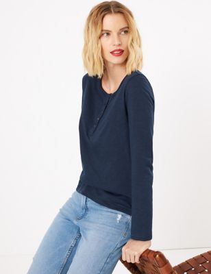 Pure Cotton Henley Ribbed Long Sleeve Top - JE