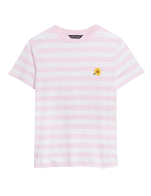 

Womens M&S Collection Gestreiftes T-Shirt aus reiner Baumwolle mit Schriftzug „Amour“ - Pink Mix, Pink Mix