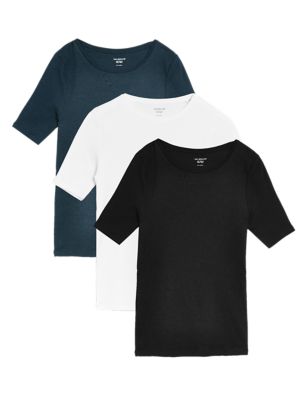 M&S Womens 3 Pack Pure Cotton Short Sleeve T-Shirts