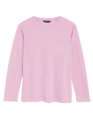 Womens M&S Collection Crew Neck Regular Fit Top with Linen - Fuchsia