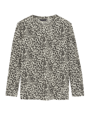 

Womens M&S Collection Gemustertes Oberteil mit Rundhalsausschnitt und Leinenanteil - Black Mix, Black Mix
