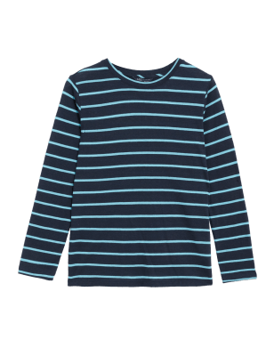 

Womens M&S Collection Striped Crew Neck Top with Linen - Blue Mix, Blue Mix