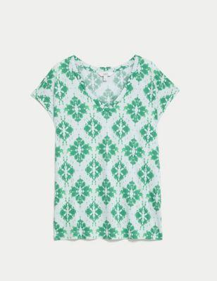 Cotton Rich V-Neck Printed Longline T-Shirt