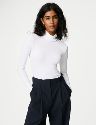 

Womens M&S Collection Schmal geschnittener Bodysuit mit hohem Baumwollanteil und Rippenmuster - Soft White, Soft White