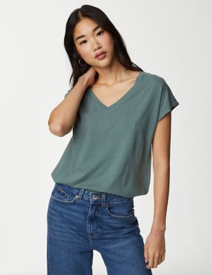 

Womens M&S Collection Cotton Rich V-Neck Relaxed Longline T-Shirt - Sage, Sage