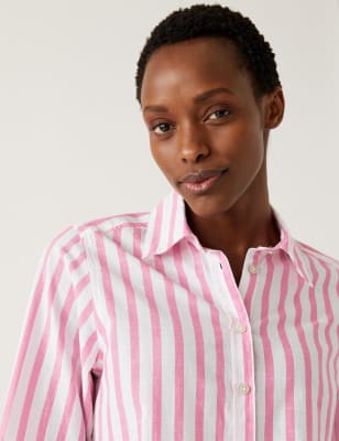 

Womens M&S Collection Pure Cotton Striped Collared Longline Shirt - Pink Mix, Pink Mix