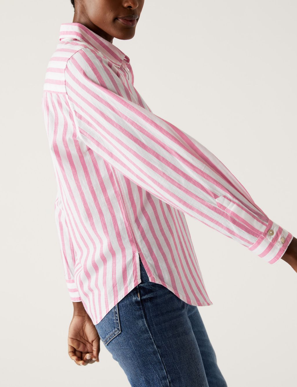 Pure Cotton Striped Collared Longline Shirt image 3