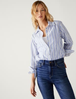 

Womens M&S Collection Pure Cotton Striped Collared Longline Shirt - Blue Mix, Blue Mix