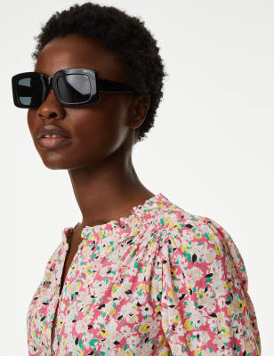 

Womens M&S Collection Bluse aus reiner Baumwolle mit Puffärmeln und Blumenmuster - Pink Mix, Pink Mix