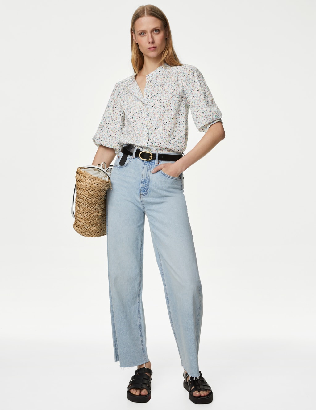 Pure Cotton Floral Puff Sleeve Blouse image 1