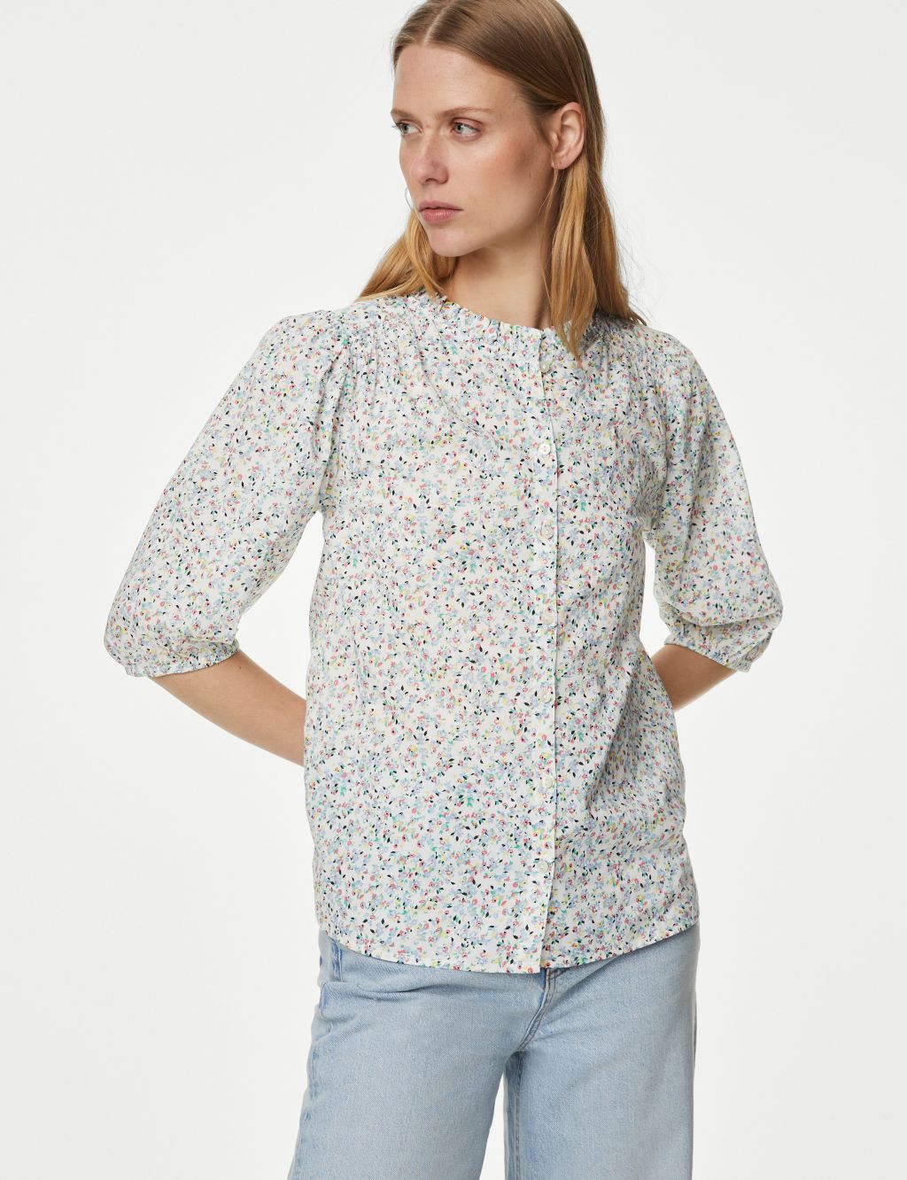 Pure Cotton Floral Puff Sleeve Blouse image 4