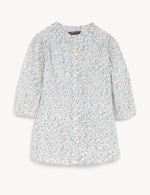

Womens M&S Collection Pure Cotton Floral Puff Sleeve Blouse - Blue Mix, Blue Mix