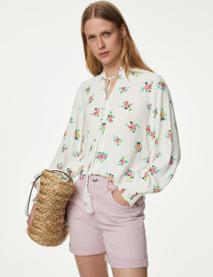 

Womens M&S Collection Geblümte Bluse mit Bindekragen und Volant - Pink Mix, Pink Mix