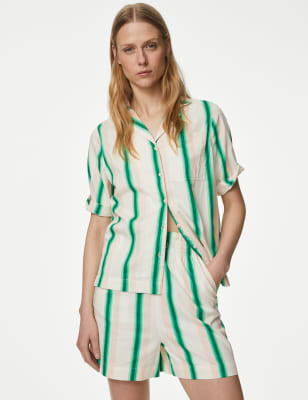 Cotton Rich Striped Collared V-Neck Shirt