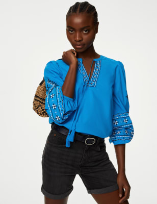 

M&S Collection Blusa 100% algodón de manga abullonada con bordadoWomens - Lagoon, Lagoon