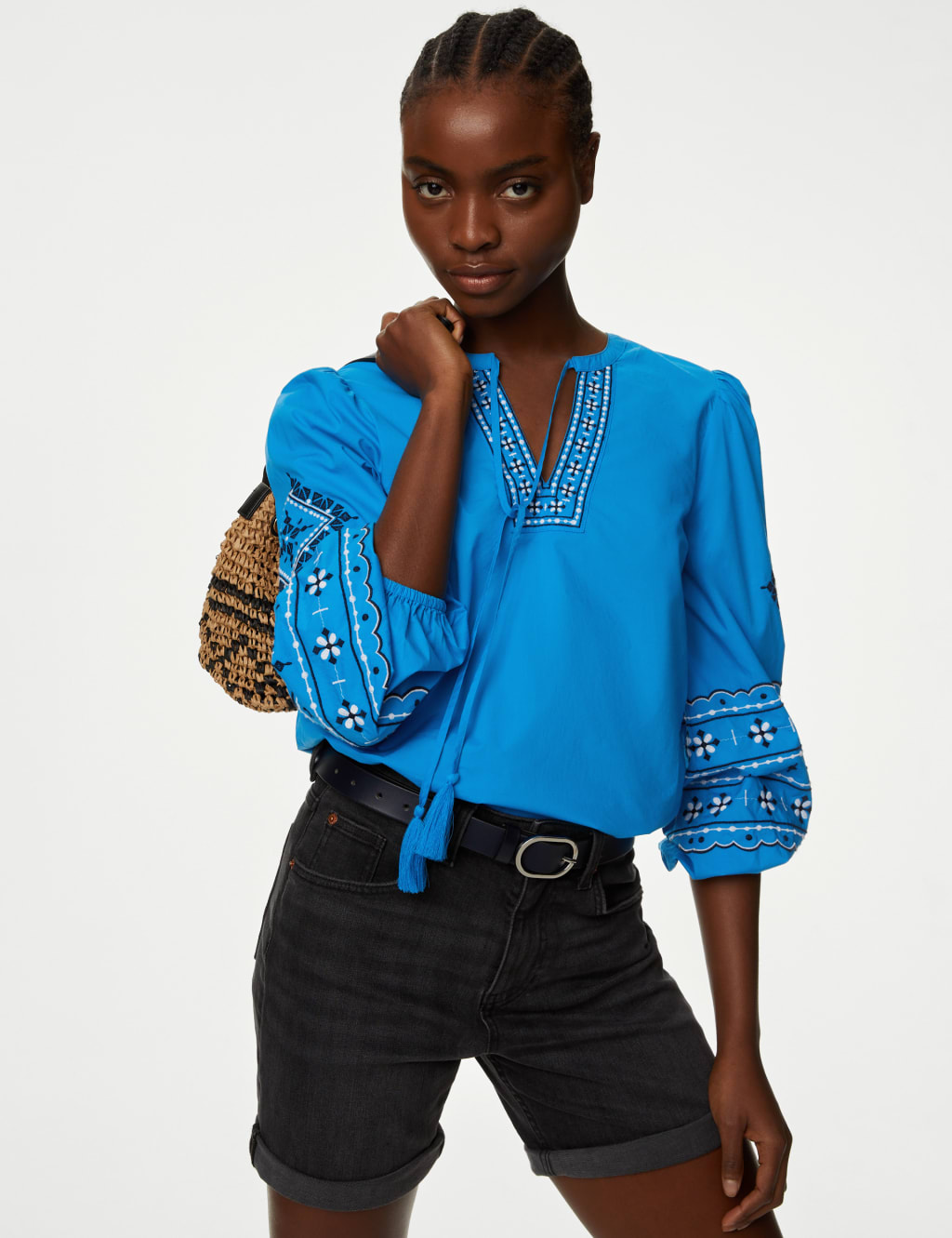 Pure Cotton Embroidered Puff Sleeve Blouse image 1