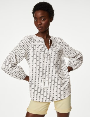 

Womens M&S Collection Bluse mit Puffärmeln, Stickerei und hohem Baumwollanteil - Soft White, Soft White