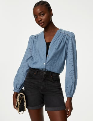 

Womens M&S Collection Bluse aus reiner Baumwolle mit V-Ausschnitt und Lochstickerei - Grey Blue, Grey Blue