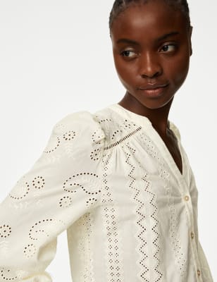 

M&S Collection Blusa de escote en pico 100% algodón con bordadoWomens - Ivory, Ivory