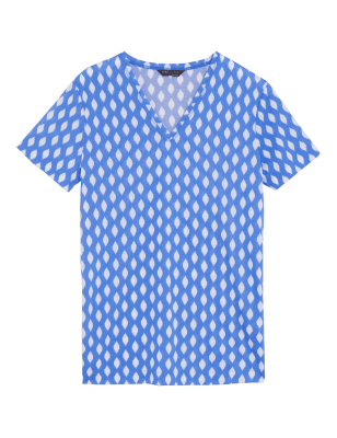 

Womens M&S Collection Lang geschnittenes T-Shirt mit V-Ausschnitt und Muster - Blue Mix, Blue Mix