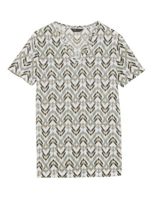 

Womens M&S Collection Printed V-Neck Longline T-Shirt - Khaki Mix, Khaki Mix