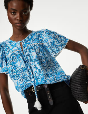 

Womens M&S Collection Cotton Blend Printed Tie Neck Blouse - Blue Mix, Blue Mix