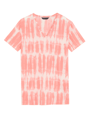 

Womens M&S Collection Tie Dye V-Neck Relaxed Longline T-Shirt - Pink Mix, Pink Mix