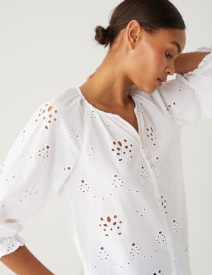 Pure Cotton Broderie Puff Sleeve Blouse