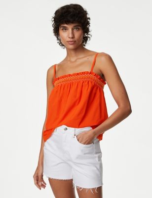

Womens M&S Collection Pure Cotton Smocked Detail Cami Top - Bright Orange, Bright Orange