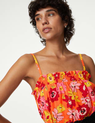 

Womens M&S Collection Trägeroberteil aus reiner Baumwolle mit Smokdetail und Muster - Orange Mix, Orange Mix