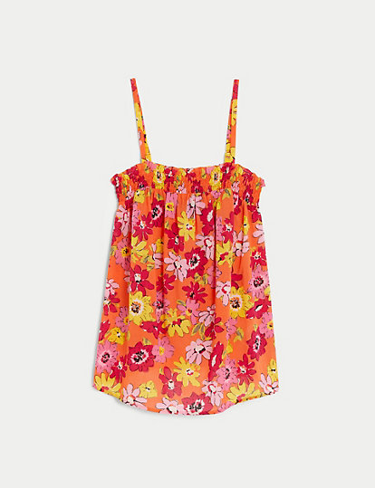 Pure Cotton Printed Smocked Detail Cami Top