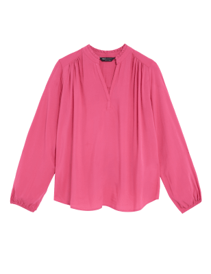 

Womens M&S Collection V-Neck Ruffle Blouson Sleeve Popover Blouse - Medium Pink, Medium Pink