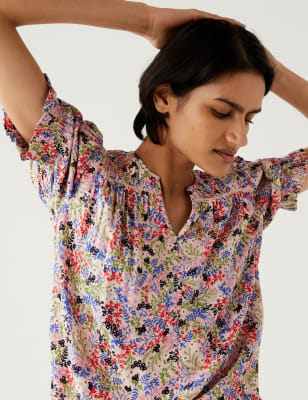 

Womens M&S Collection Gemusterte Bluse mit Puffärmeln und V-Ausschnitt - Pink Mix, Pink Mix