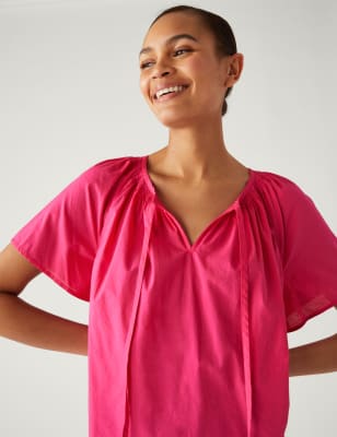 

Womens M&S Collection Pure Cotton Tie Neck Blouse - Pink Fizz, Pink Fizz