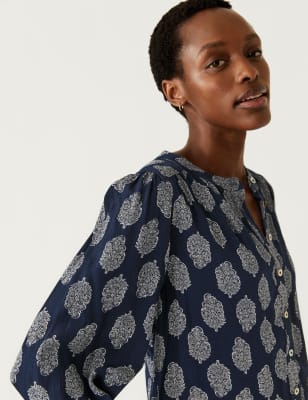 

Womens M&S Collection Printed Crew Neck Button Through Blouse - Navy Mix, Navy Mix