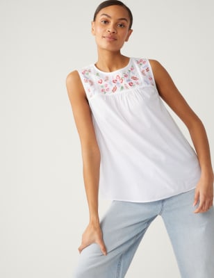 

M&S Collection Top 100% algodón con bordado floralWomens - Soft White, Soft White