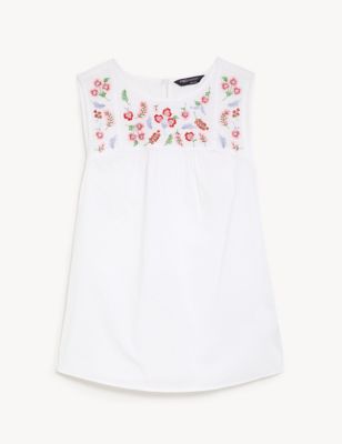 Pure Cotton Floral Embroidered Vest Top